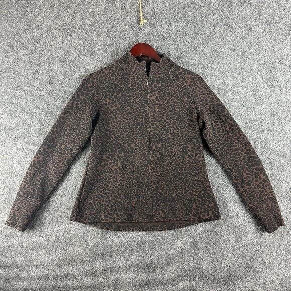 Lucy Top Womens Medium 1/4 Zip Pullover Zip Sleeve Cuff Brown Animal Print Logo - Picture 1 of 7
